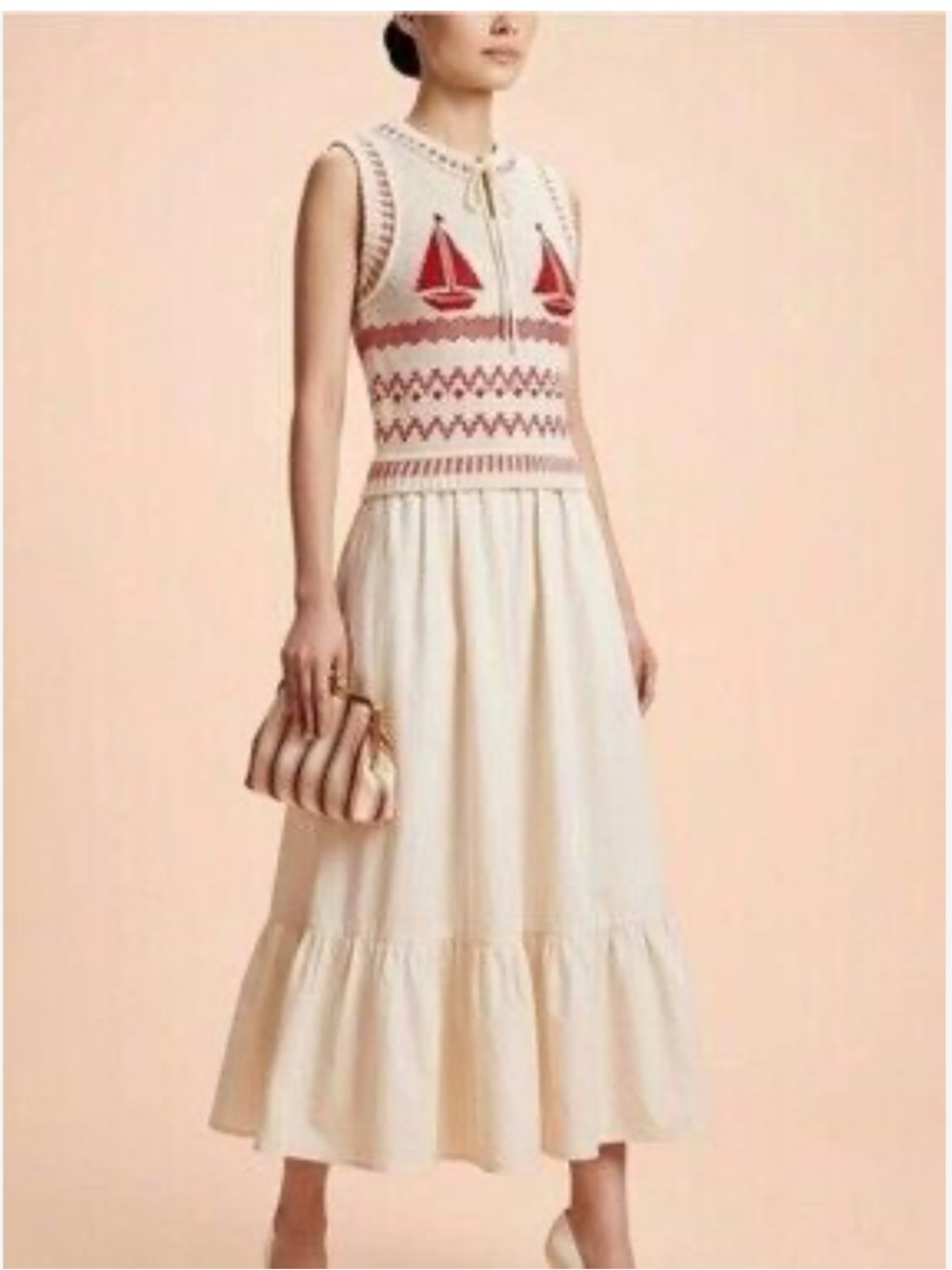 Anthropologie Moon river Cream Maxi Dress with Red Sailboat Knit Bodice